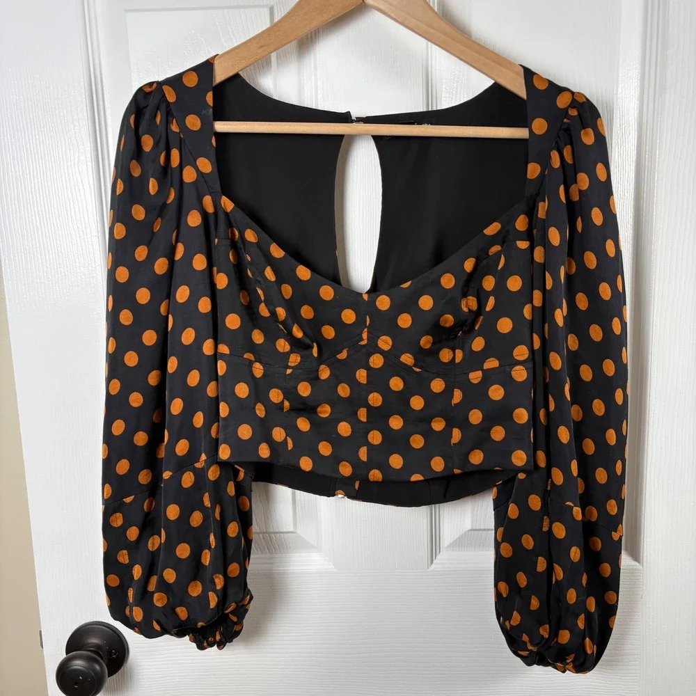 For Love & Lemons Polka Dot Puff Sleeve Keyhole Back Crop Top Women's Size M